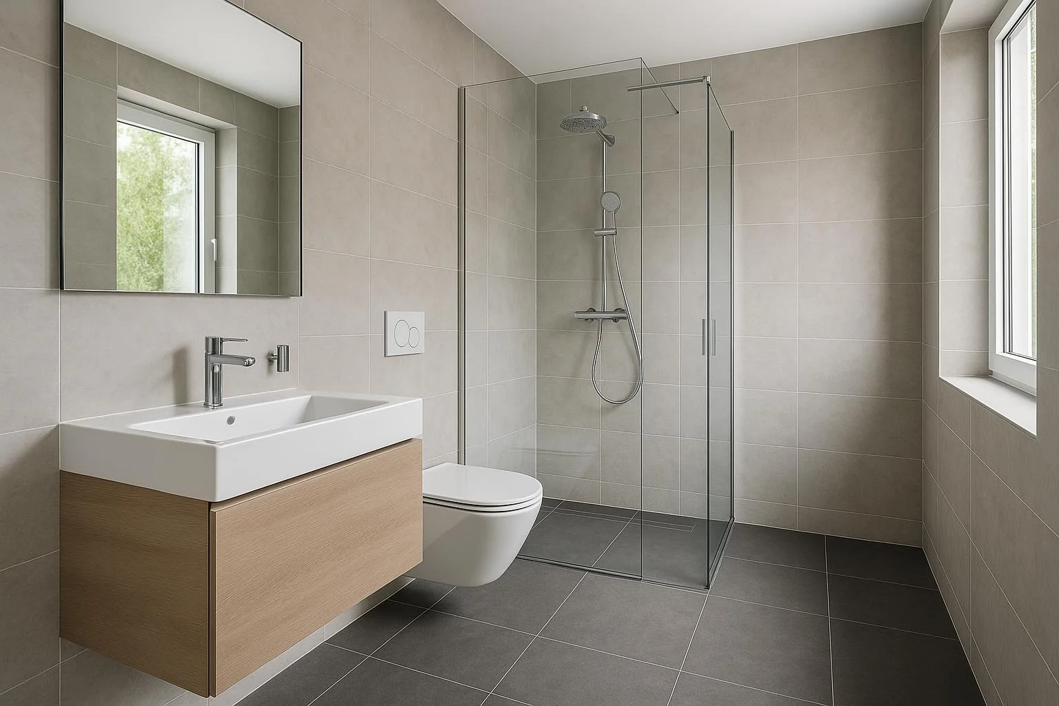 Gefliestes Badezimmer mit Wand- und Bodenfliesen und bodengleicher Dusche