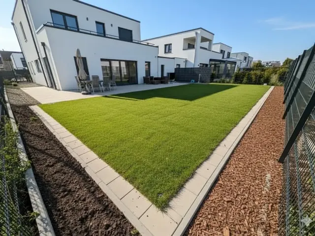 Neu angelegter Garten am Neubau mit Rollrasen, gesetzter Randeinfassung und Rindenmulchstreifen